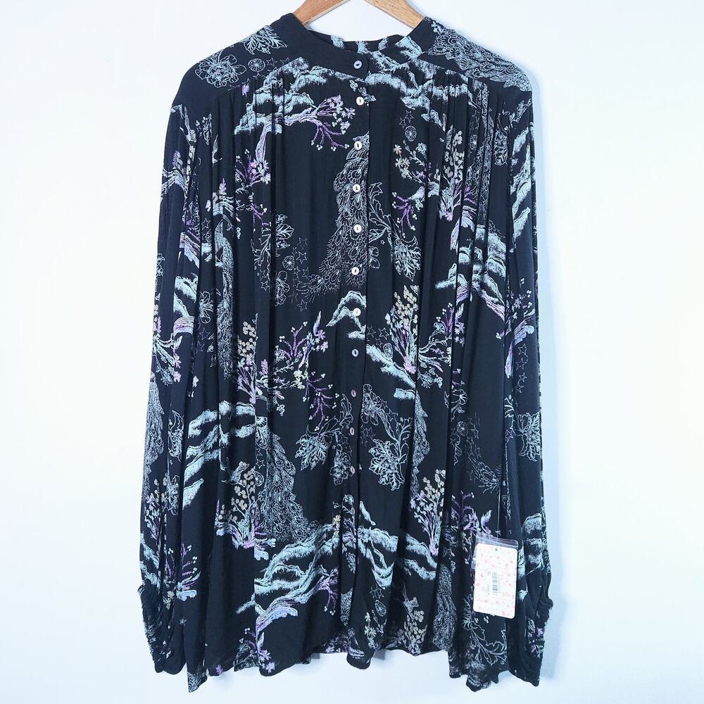 Free People Womens Black Metallic Bloom Peacock Oversized Blouse Size Large NEW
